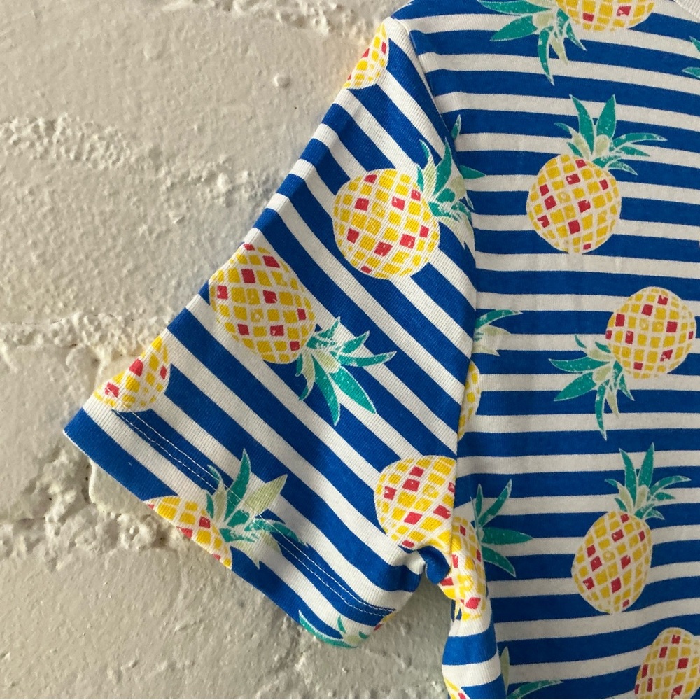 NWT Womens Blue Striped Top 100% Cotton Yellow Pineapple Print Tropical Summer L - Picture 8 of 11